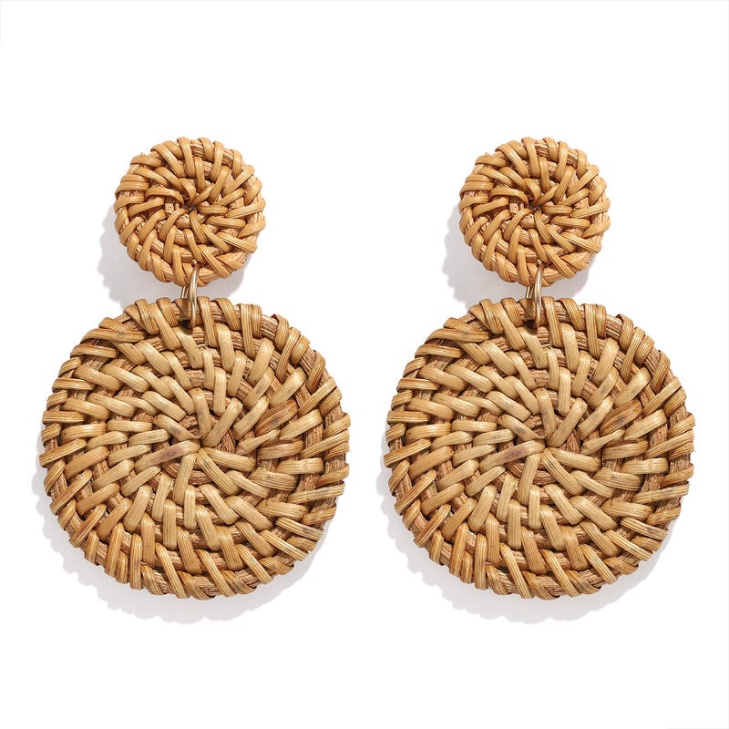 YAHPERN Rattan Earrings for Women Handmade Lightweight Wicker Straw Stud Earrings Statement Weaving Braid Drop Dangle Earring (Dark Rattan Disk) - Image 1